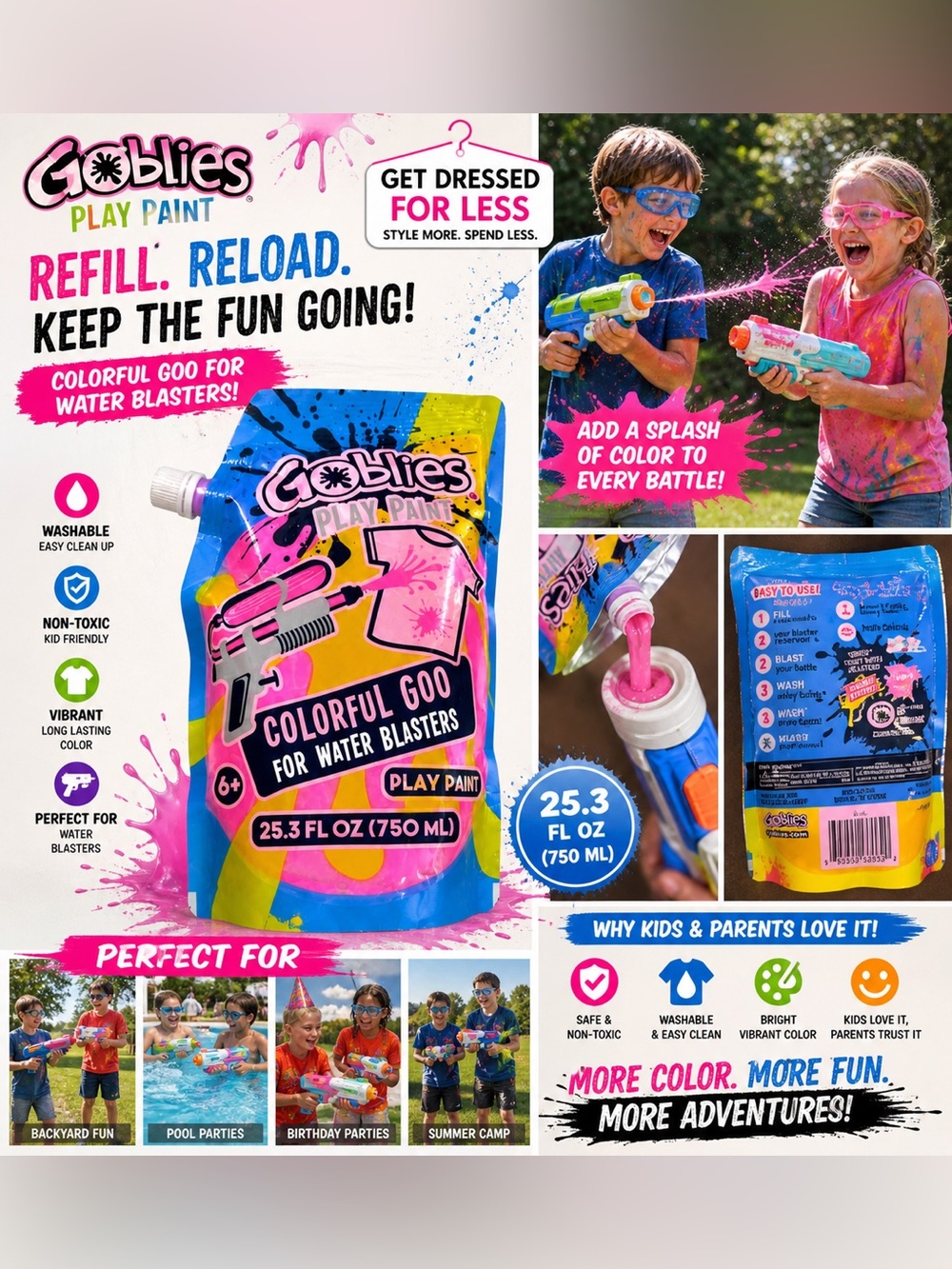 Goblies Play Paint Refill Pink 25oz Washable Water Blaster Ammo Kids NEW